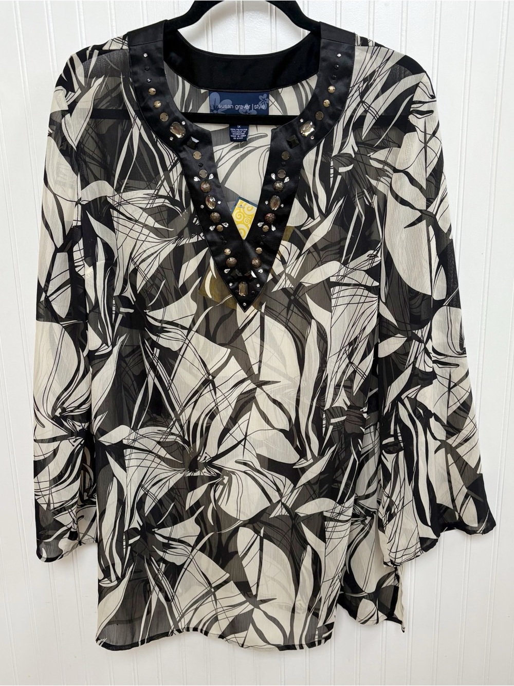 Susan Graver Style Beaded Sheer Tunic Blouse Black & Cream Plus Size 1X NEW